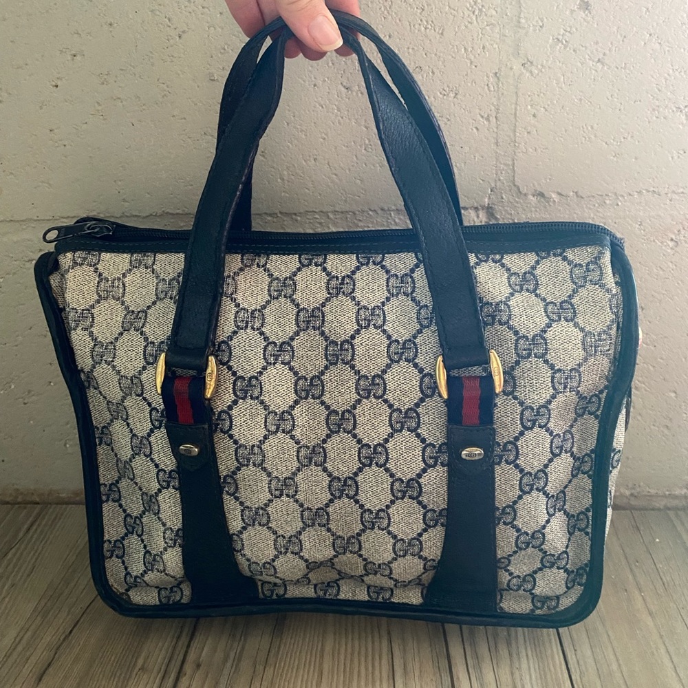 GUCCI Accessory Collection Navy Blue Canvas Supreme Satchel Sherry Line
